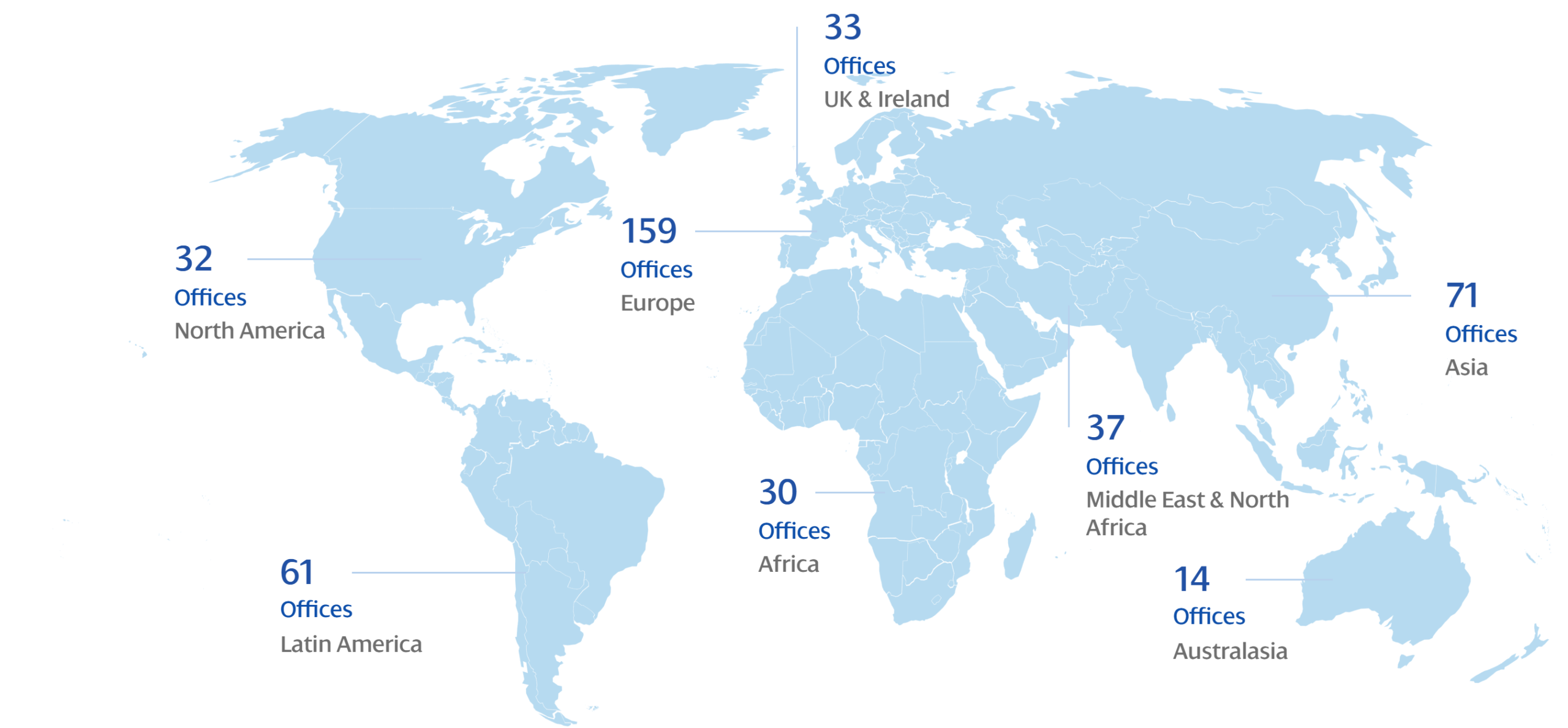 Mapa mundial de MGI Worldwide con el numero de oficinas por region